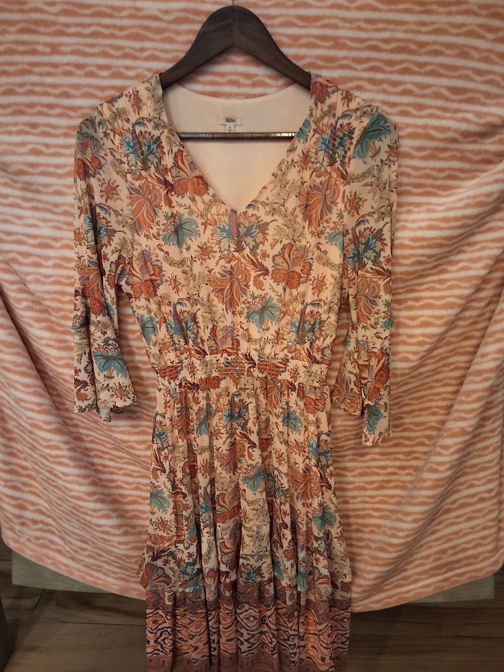 Reba Cream Floral V-Neck Midi Dress with Teal and Rust Accents